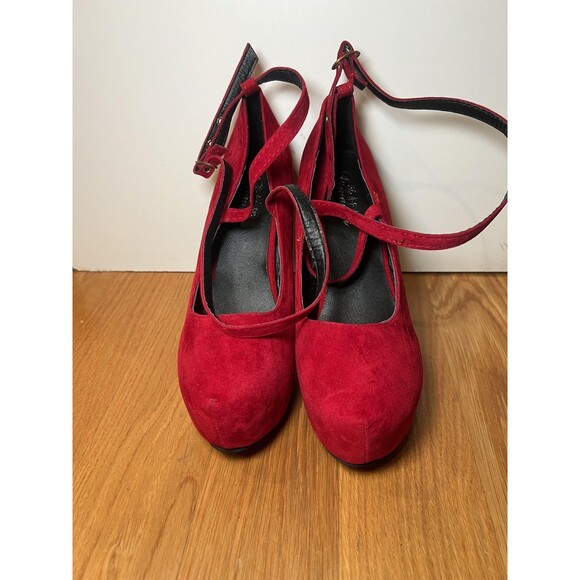 Dimanxi Platform Mary Jane Heels Womens Size 8 Red Faux Suede Ankle Strap Pumps - Picture 2 of 13